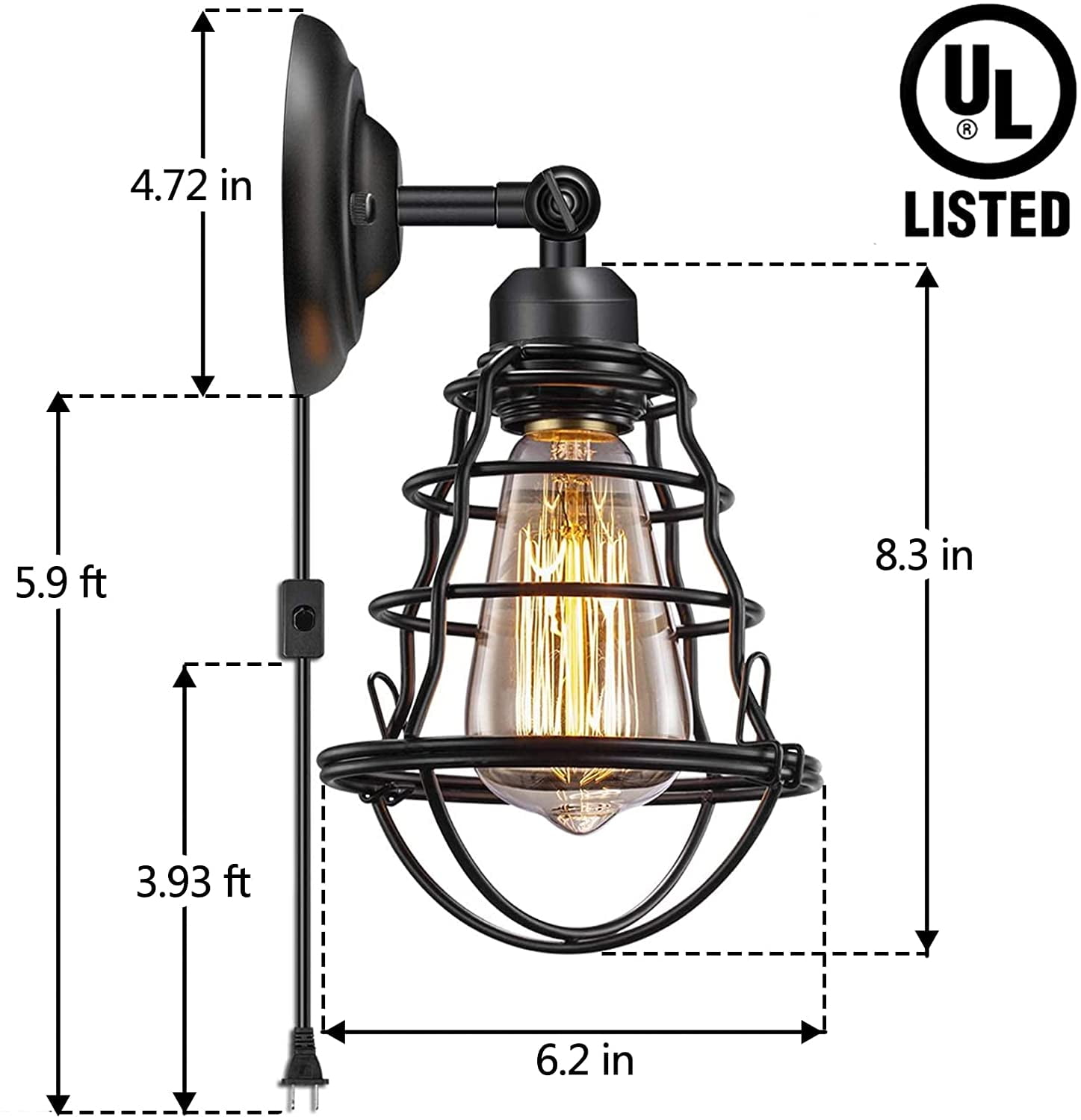Licperron Set of 2 Plug in Wall Light with 5.9ft Plug in Cord Wire Wall Sconces Lamp  Cage Vintage Lighting Rustic Wall Light Fixture for Bedroom Bathroom