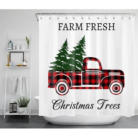 HVEST Christmas Shower Curtain for Bathroom,Black and Red Checkered Truck with Christmas Tree Shower Curtain,Winter Farm Polyester Waterproof Decor Accessories Bath Curtain with Hooks,72x78 Inches