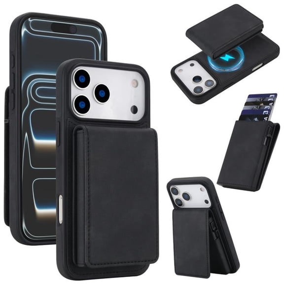 Leather For iPhone 17 Pro Case With  2-in-1 Pop-up Card Holder, Wallet Case For Women Men With RFID Blocking, Durable Leather Kickstand Magnetic Clasp Shockproof Phone Case,Black,For iPhone 17 Pro
