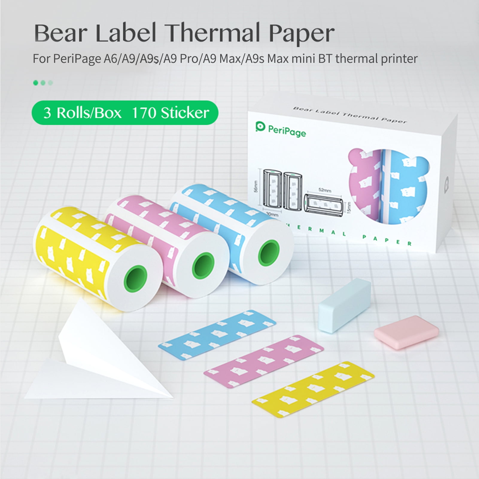 Cash Register Pos Printer Paper Thermal Printing Paper for Peripage bromrefulgenc Thermal Receipt Paper 3 Roll Cute Bear Self-Adhesive Label Sticker 