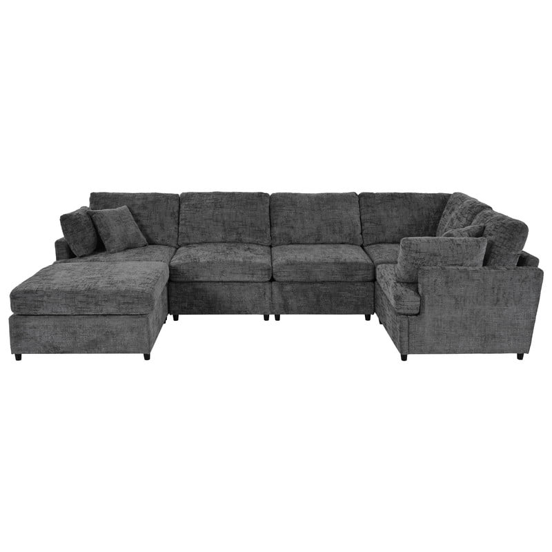127" U-Shaped Modular Sectional Sofa with Movable Ottoman, 6-Piece Chenille Fabric Couch, Convertible Corner Sofa with Pine Wood Frame, Modern Deep Seat Sofa Set for Living Room & Apartment