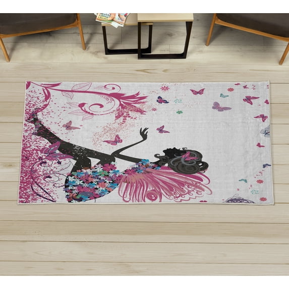 Fantasy Decorative Rug, Spring Girl Wings in a Floral Dress Surreal Garden Butterflies Print, Quality Carpet for Bedroom Dorm and Living Room, 6 Sizes, Magenta Black, by Ambesonne