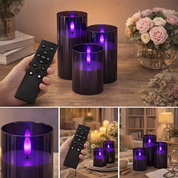 Halloween Candles Black Flameless Set of 3 Purple Flickering Flame Remote Timer Function Spooky Home Party Decor Battery Operated Led Pillar Candles
