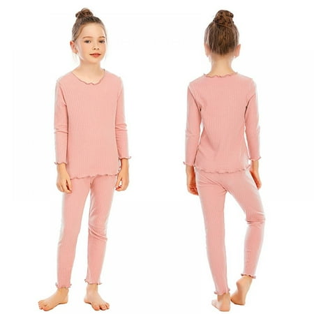 

BULLPIANO Girls Solid Color Underwear Set Kids Ruffles Long Sleeve Base Layer Top Home Pajamas Set Solid Color