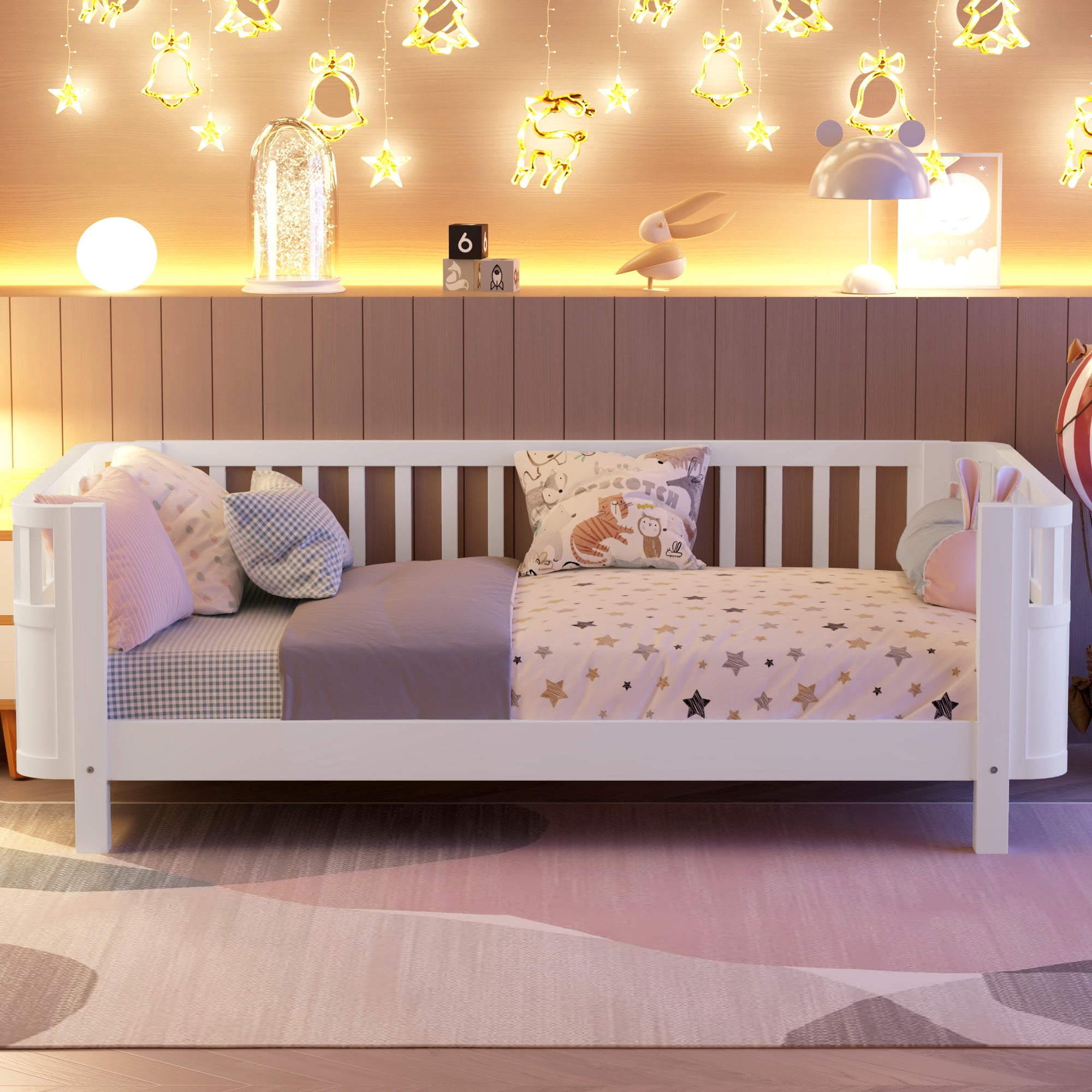 Euroco Wood Twin Size Platform Bed, Low Profile Bed with Rails for Kids and Toddlers, White