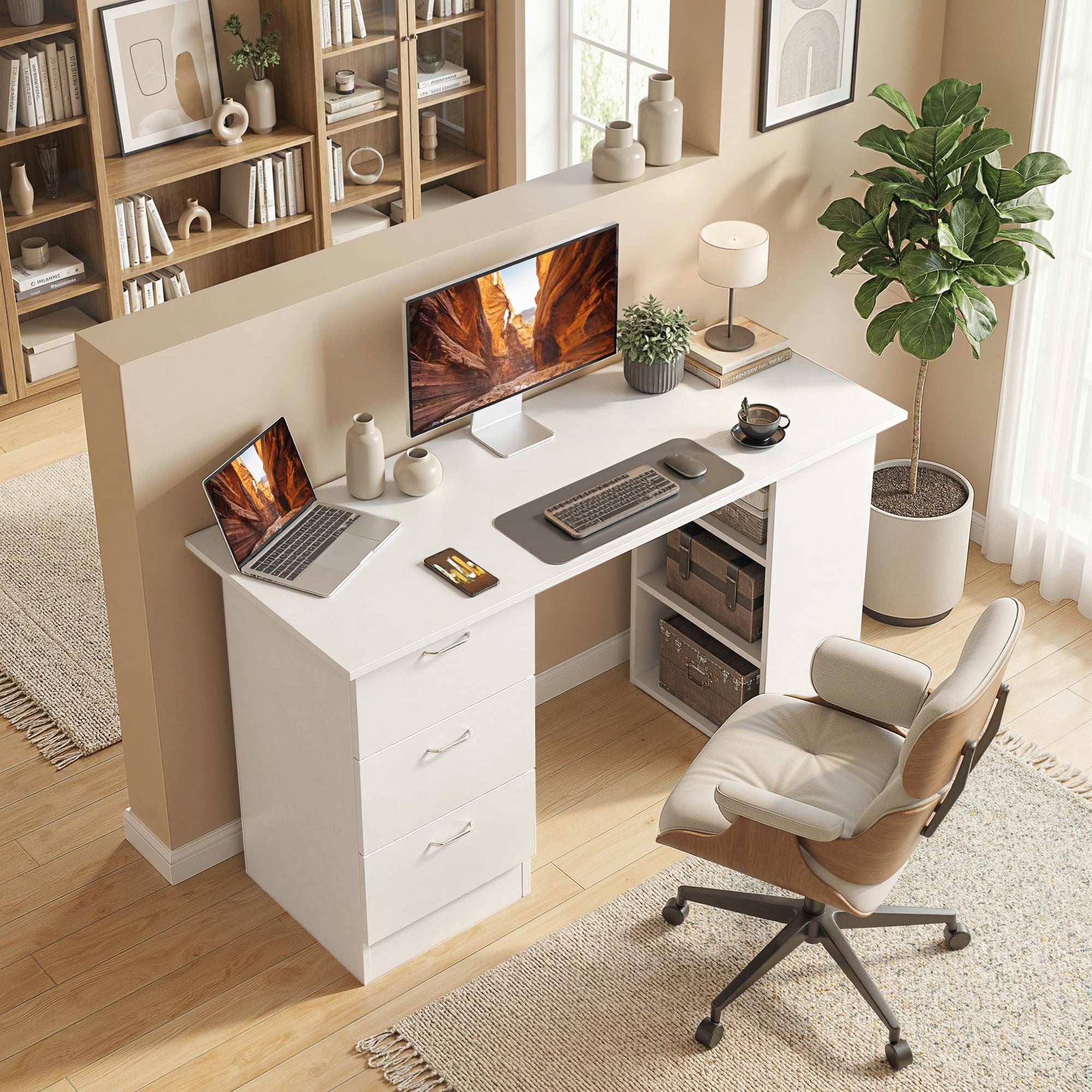 HOMCOM 47.25" Computer Desk with 3 Drawers and 3-Tier Storage Shelves, Reversible Home Office Writing Desk for Bedroom, Study, Apartment, MDF, White