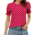 thumbnail image 2 of Women's Spring Summer Clothing Fashion Polkas Printed Base T-Shirts Pleated Sleeves Short Sleeves Round Neck Blouses Top, 2 of 6