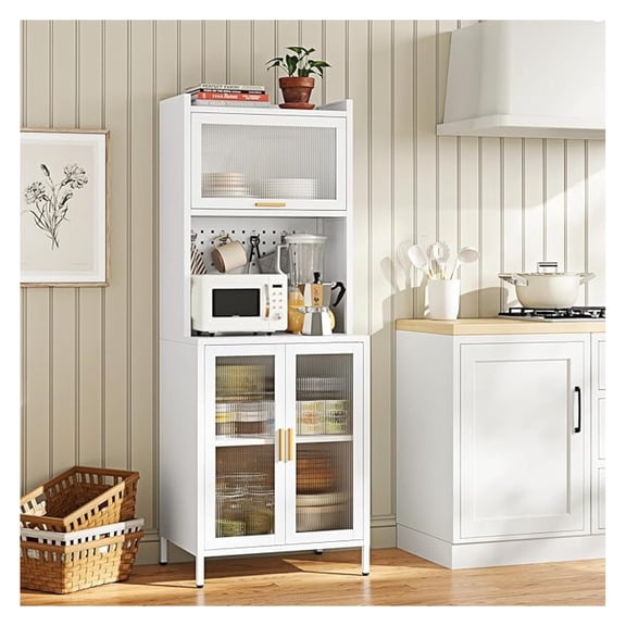 Kitchen Baker's Rack with Countertop, 62.99" H Pantry Storage Cabinet, Metal Kitchen Hutch Cupboard,4-Tier Microwave Stand with Pegboard Accessories for Pantry Home Kitchen,White