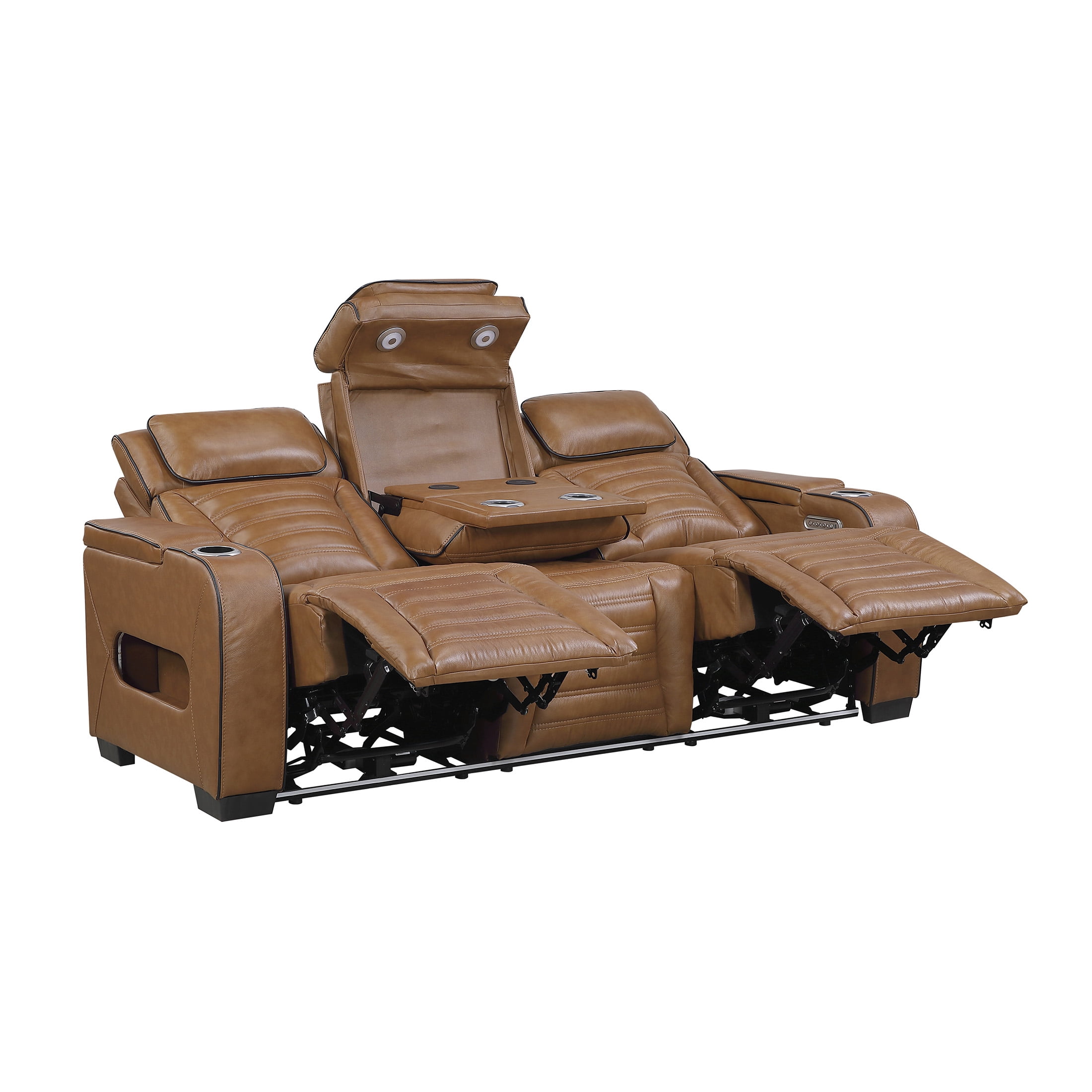 OakvillePark Elantra Leather Match Power Double Reclining Sofa with Center Drop-Down Cup Holder/Power Headrests/Storage Arms/Reading Lights/Wireless Charger/Air Massage/Heat/LED Lighting, Brown
