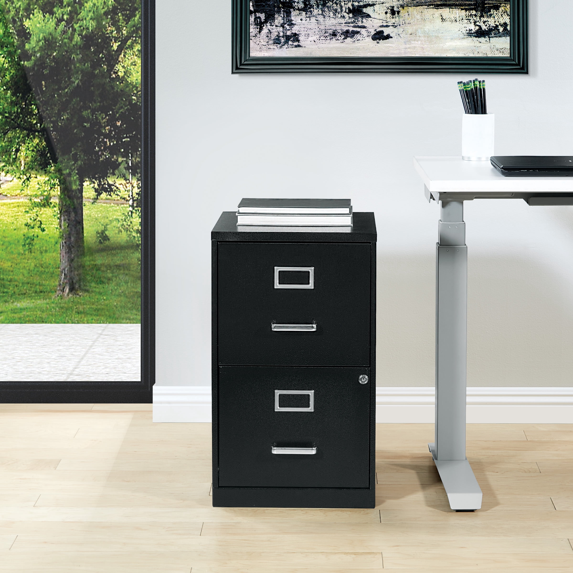 OSP Home Furnishings Locking Metal File Cabinet with 2 Drawers, Textured Black