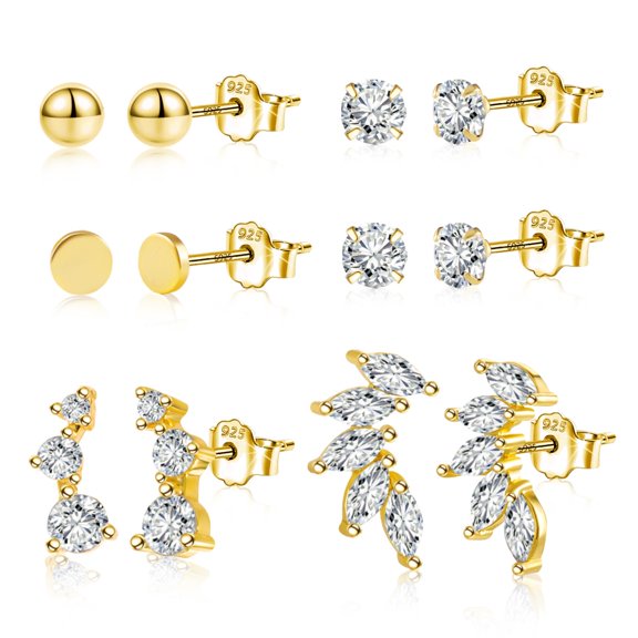 Lancharmed Gold Plated Women's Earrings,6 Pairs Four Claw Round Zirconia Round Faceted Drops Earring Gifts for Friend Woman