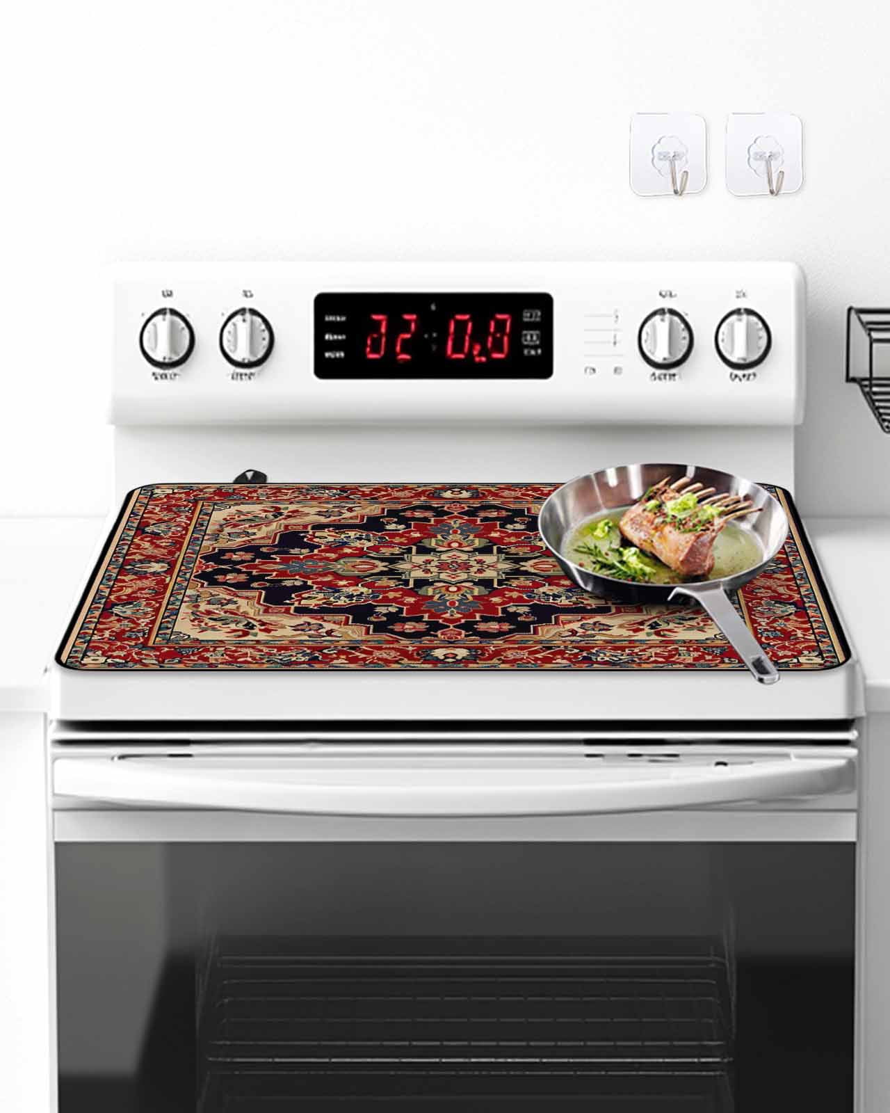 Stove Top Covers for Electric Stove, Red Boho Glass Stovetop Cover Protector, Contemporary Abstract Ethnic Retro Geometric Induction Cooktop Protector Oven Mat for Kitchen Countertop 24"x21"