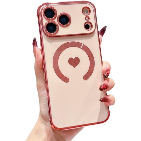 Plating Love Heart 4 Corners Shockproof Magnetic Phone Case for iPhone, Compatible with (Pink,iPhone 17 Pro)