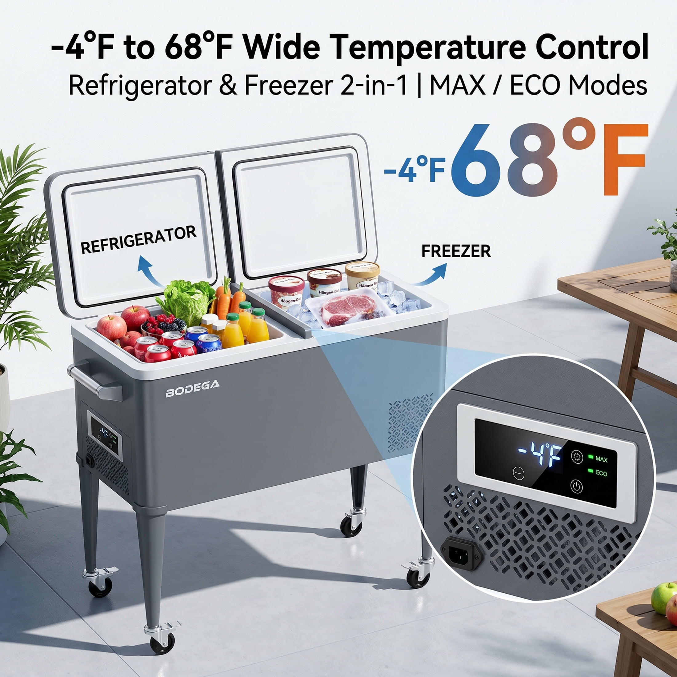 Bodega 50L 1.8 Cu.Ft Portable Compressor Cooler, -4°F to 68°F Outdoor Refrigerator Freezer, AC/DC Dual Power No Ice Needed Fridge, Rolling Wheeled Beverage Cooler for Patio, Porch,Party, Gathering