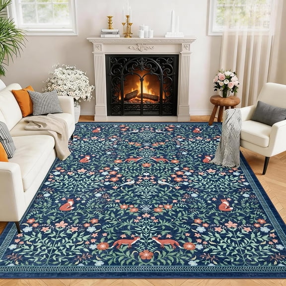 9x12 Vintage Area Rug Washable Non-Slip Low Pile Living Room Blue