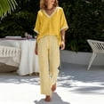 thumbnail image 5 of Bosfbaoi Two Piece Sets for Women V Neck Short Sleeve Top and Striped Wide Leg Pants Casual Womens Summer Outfits, 5 of 7
