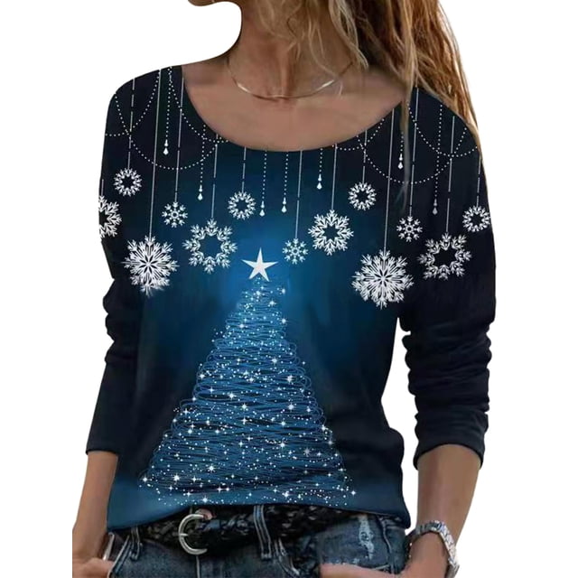 Bellella Tee-Shirt Femme Imprimé Flocon de Neige Manches Longues T-shirt de Noël Mode Col Rond Tunique Blouse Bleue 3TG