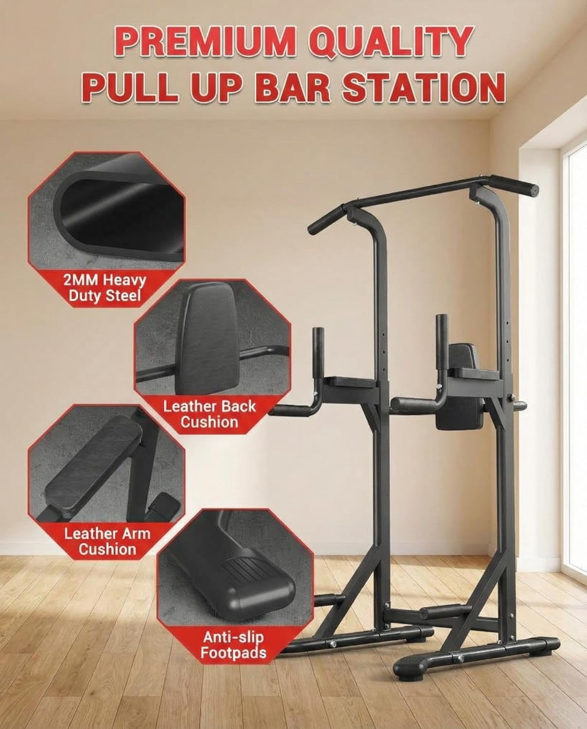 Power Tower Pull Up Bar Dip Station, 450LB Heavy Duty Carbon Steel Pullup Stand for Home Gym, Freestanding Strength Training Equipment, Bodyweight Workout Station