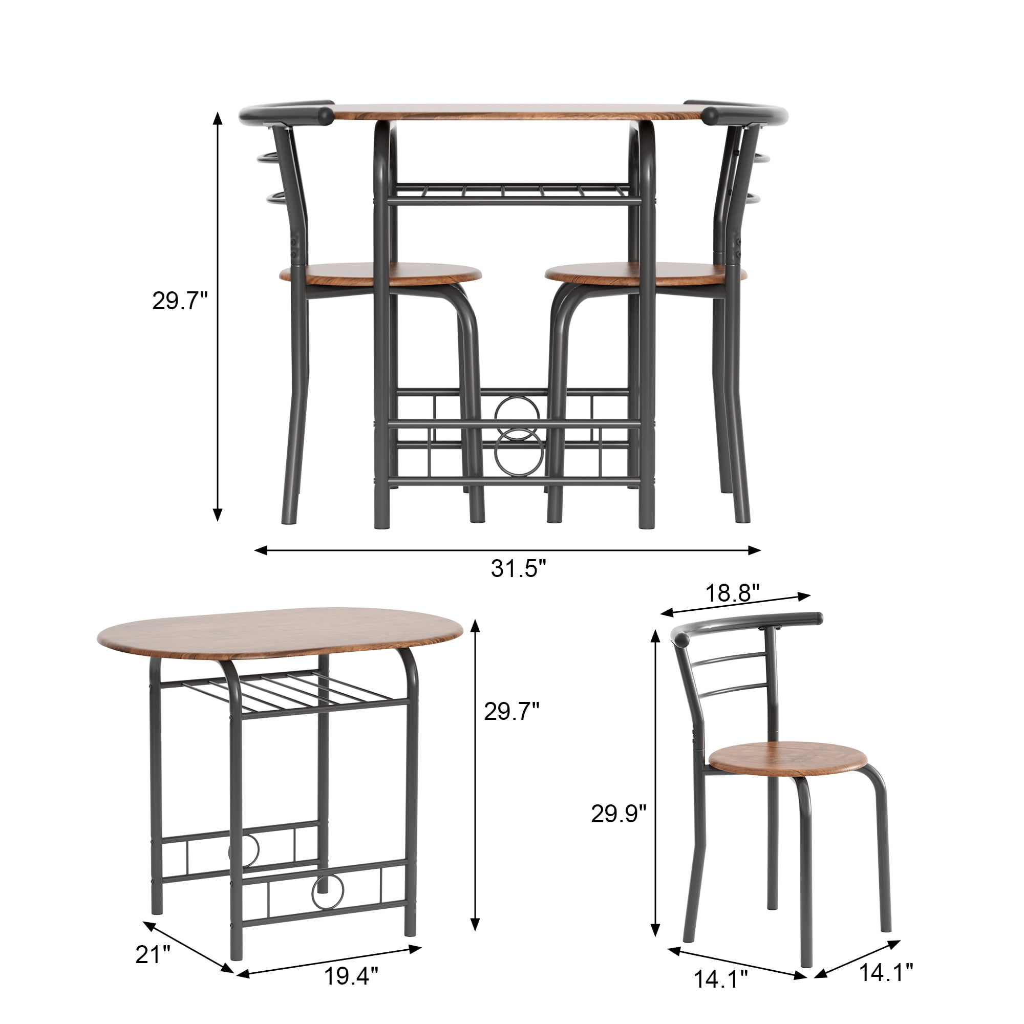 Vineego 3 Pieces Dining Set for 2 Small Kitchen Breakfast Table Set Space Saving Wooden Chairs and Table Set,Dark Brown