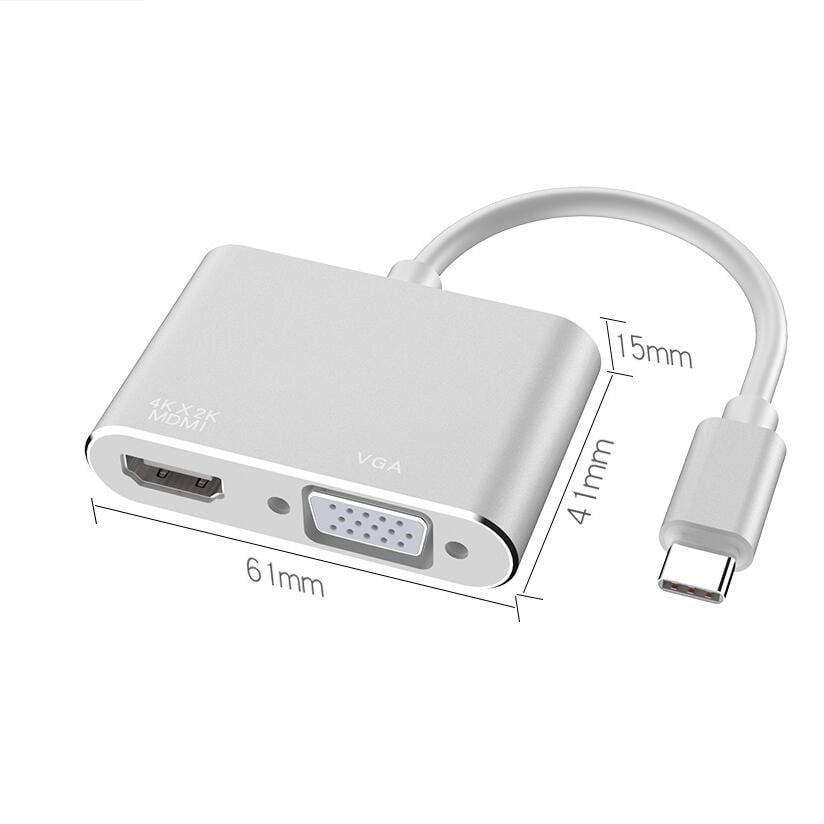KOMI cross-border type-c To HDMI +VGA laptop extended projection screen display 4K video multi-port adapter, USB3.1type-c video cable, USB3.1 Type-c to HDMI mother +VGA mother frequency adapter