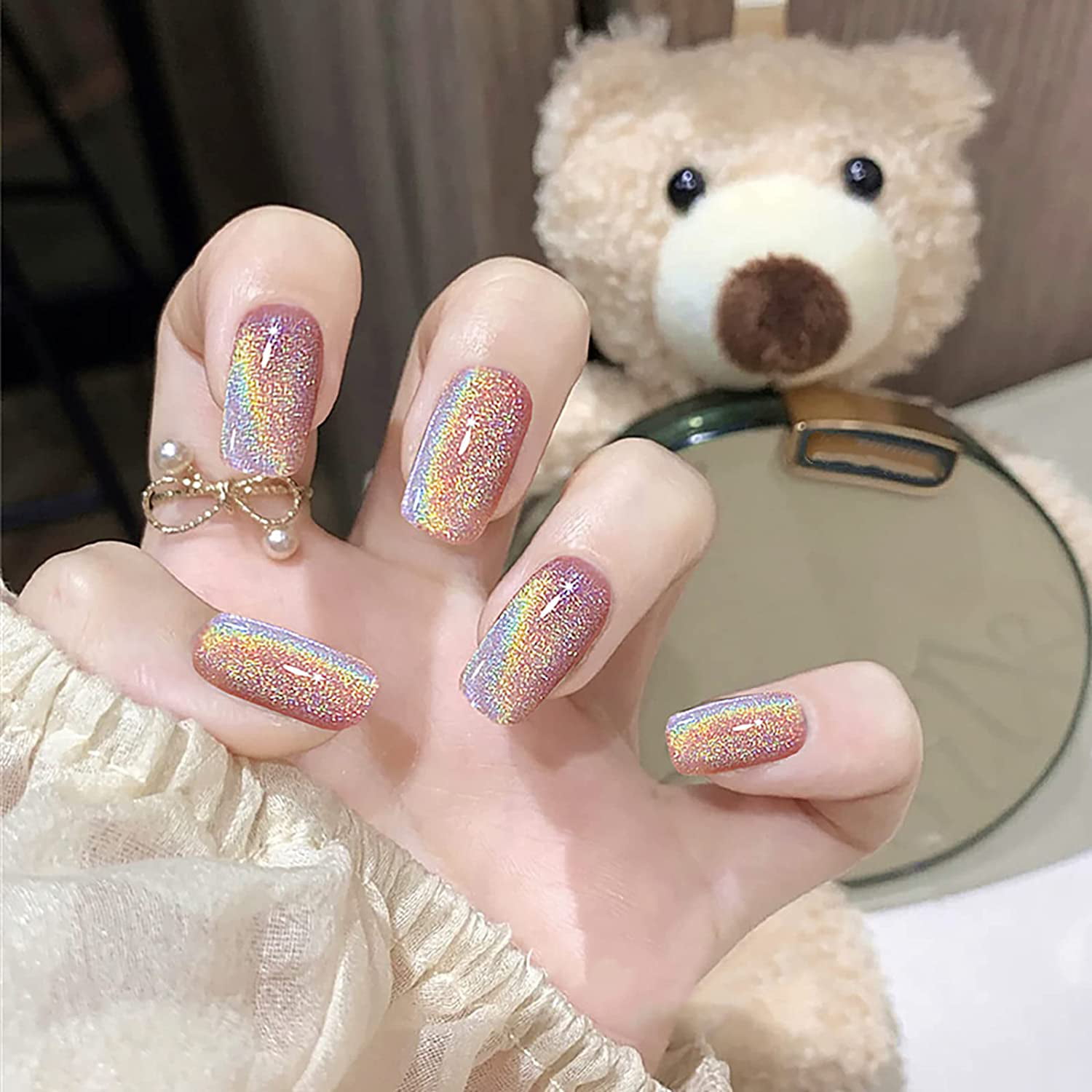 Vintage Style Party Wear Fake Nails 24 Pcs DIY Shiny Art with Glue  Decorated Double Tone Design Indoor Casual for Women