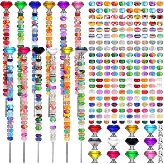 236 PCS Decorative Garden Stakes DIY Fairy Wand Beaded Garden Stakes Wands Kit with Diamond Stopper Tops, 12 In Threaded Rod, 200 Colorful Beads for Indoor Outdoor Plant Flower Pot Décor