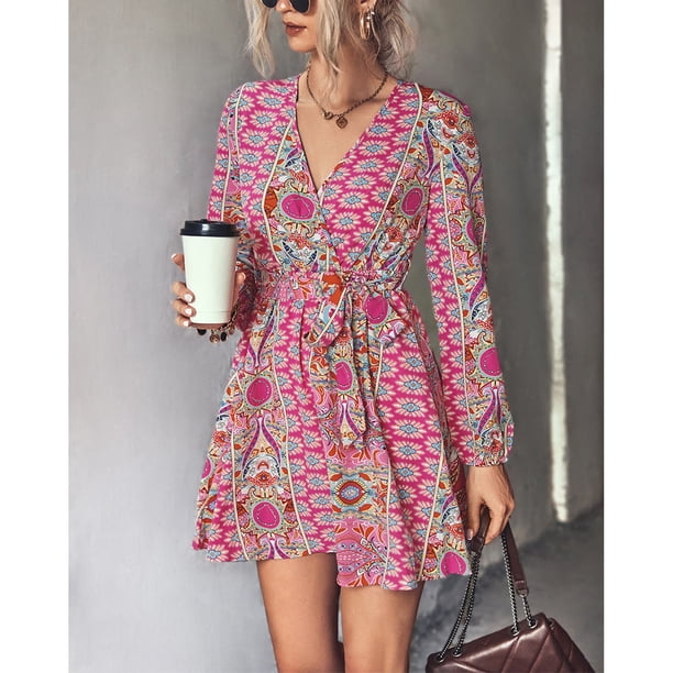 Vestido De Moda Para Mujer, Vestido Elegante Y Cómodo Con Cuello En V, Cintura Con Lazo, Estampado Floral, Manga Larga Para Ir De Compras Para Mujer Para La Oficina ANGGREK Rosa S