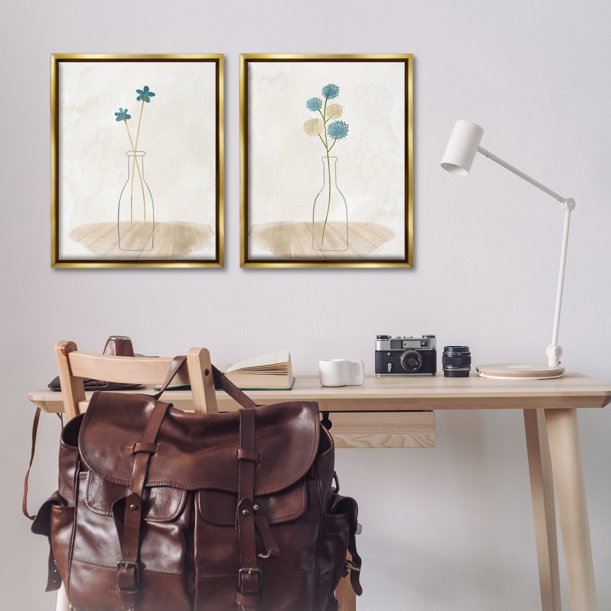Stupell Industries Simple Flower Sprigs Clear Vase Plants & Flowers Painting Gold Floater Framed Canvas Art Print Wall Art, 31 x 25, Set of 2