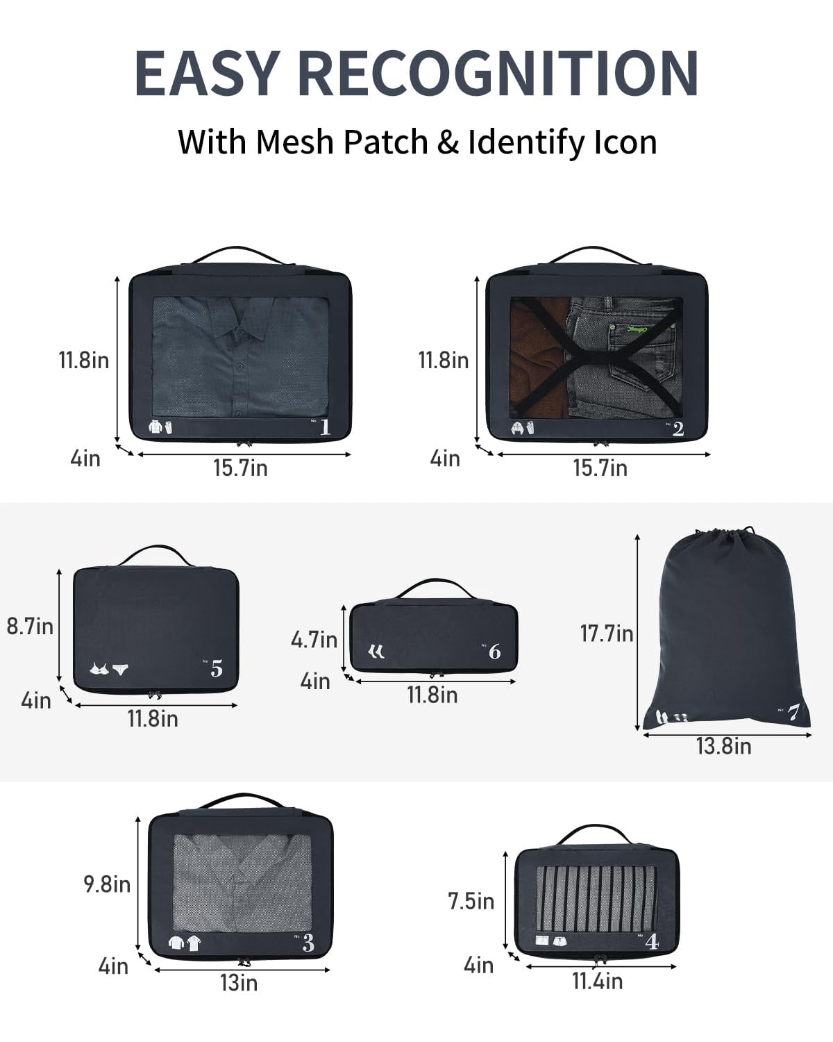 7 Pcs Packing Cubes for Travel Organizer Tear-Resistant with Number Icon Handle Storage Bags for Carry on Bag for Clothes Shoes, Dark Blue