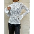 thumbnail image 5 of Women's Floral Lace Mock Neck Long Flounce Sleeve Pullover Sheer Slim Fit Stand Collar Blouse Top White XL, 5 of 9