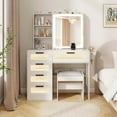 thumbnail image 1 of Costway Modern Vanity Desk with Sliding Mirror & Lights Stool 5 Drawers Hooks Open Storage, 1 of 10