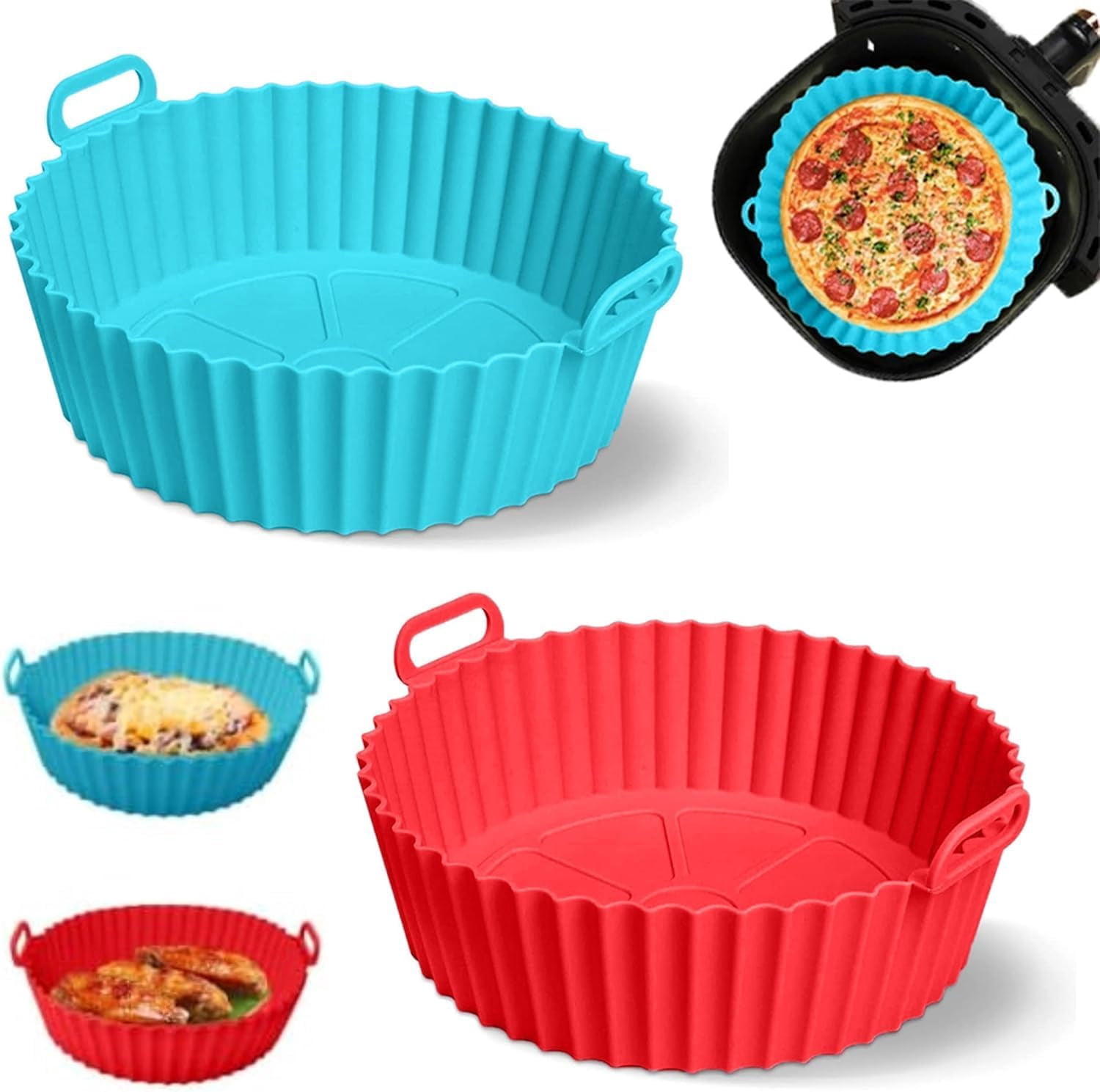 JJEAN-Reusable Silicone Air Fryer Liners (2 Pack, Red & Blue) –7.9 Inch Non-Stick, Heat Resistant Mats for Air Fryer Basket, Oven & Microwave – Easy Clean, Food Safe, Eco-Friendly”