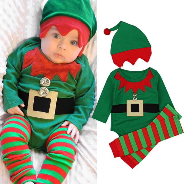 Disfraces navideños para niñas pequeñas, manga larga, con gorro, calcetines a rayas, mono navideño, monos para recién nacidos, conjunto de 3 piezas