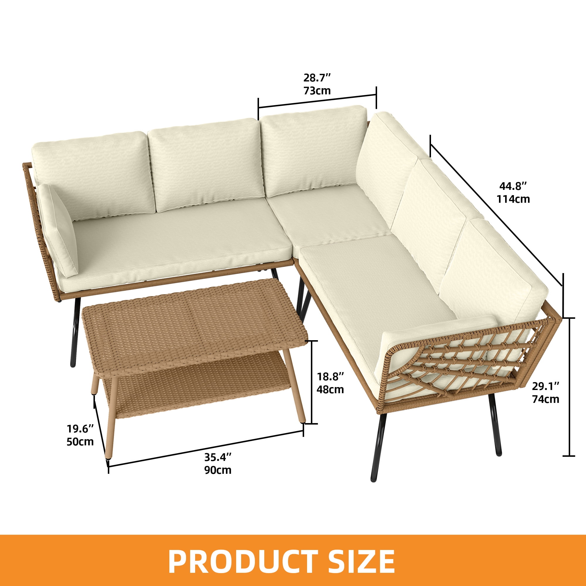 Craftian Patio Conversation Set, 4 Pieces Outdoor Furniture Set with L-Shaped Sofa,Cushions and Coffee Table