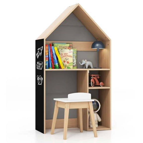 Costway Kids House-Shaped Table & Chair Set Wooden Toy Organizer Cabinet with Blackboard Grey