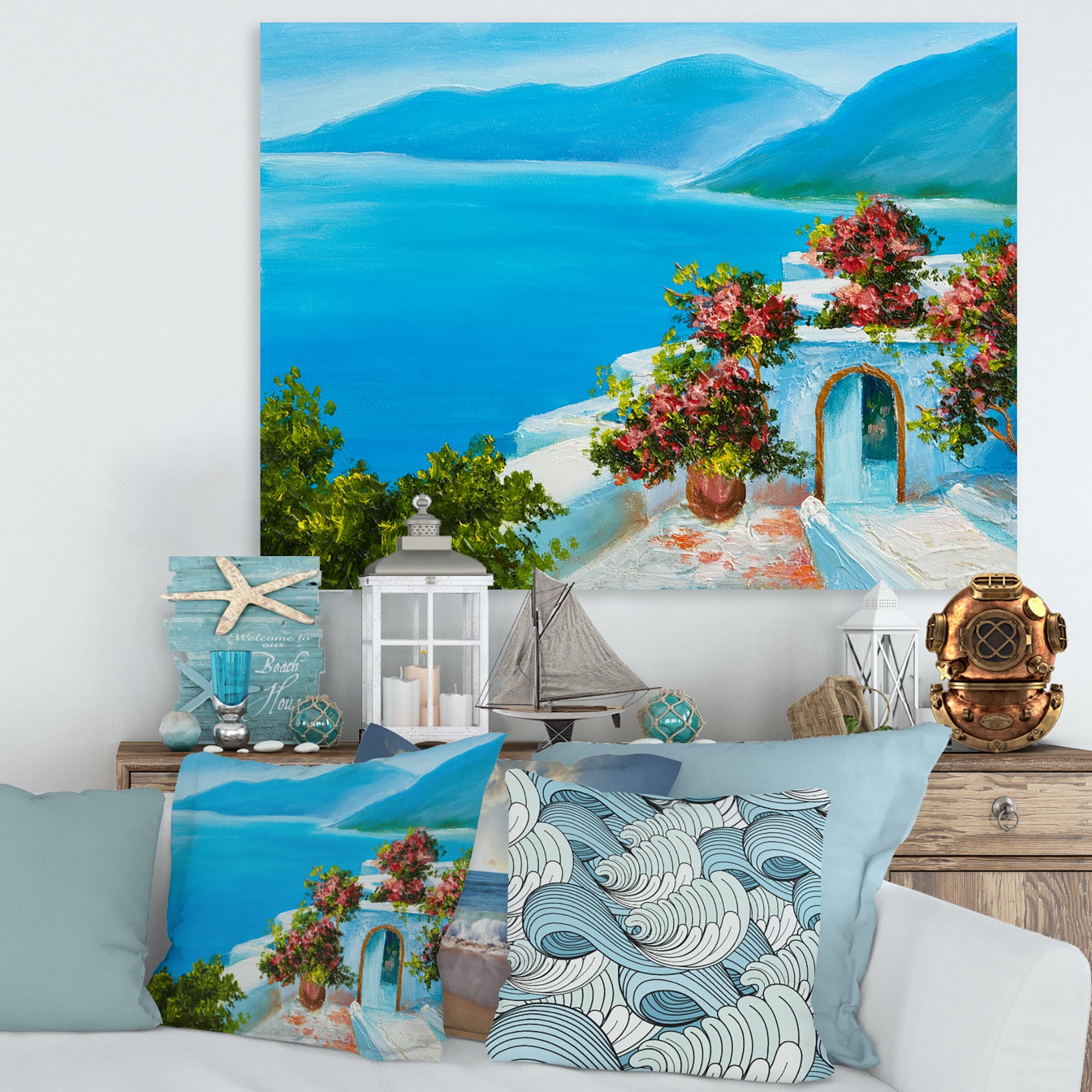 Designart ' House With Colorful Flowers Near The Sea I ' Nautical & Coastal Canvas Wall Art Print