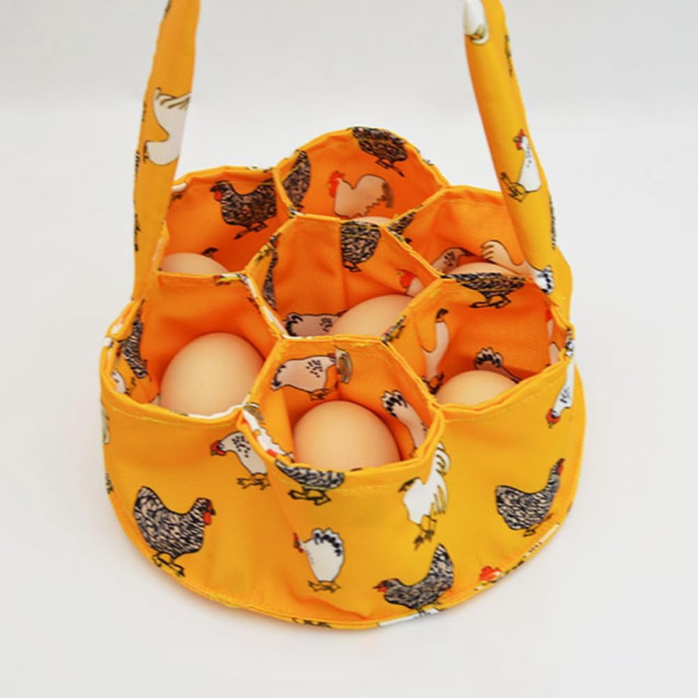 Egg Basket Canvas Collecting Holder with 7 Pouches, Extended Handle, Farm Fresh Carrier for Chicken Duck Goose Eggs, Orange