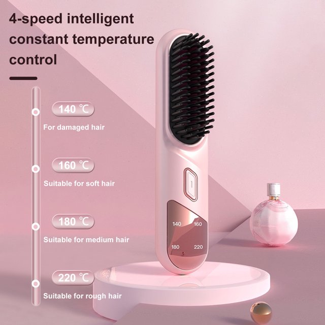 Hair Straightener Brush 4 Temperatures Fast Heating USB Rechargeable Cordless Negative Ions Hot Brush Electric Fluffy Curly Hair Styling Detangling Comb