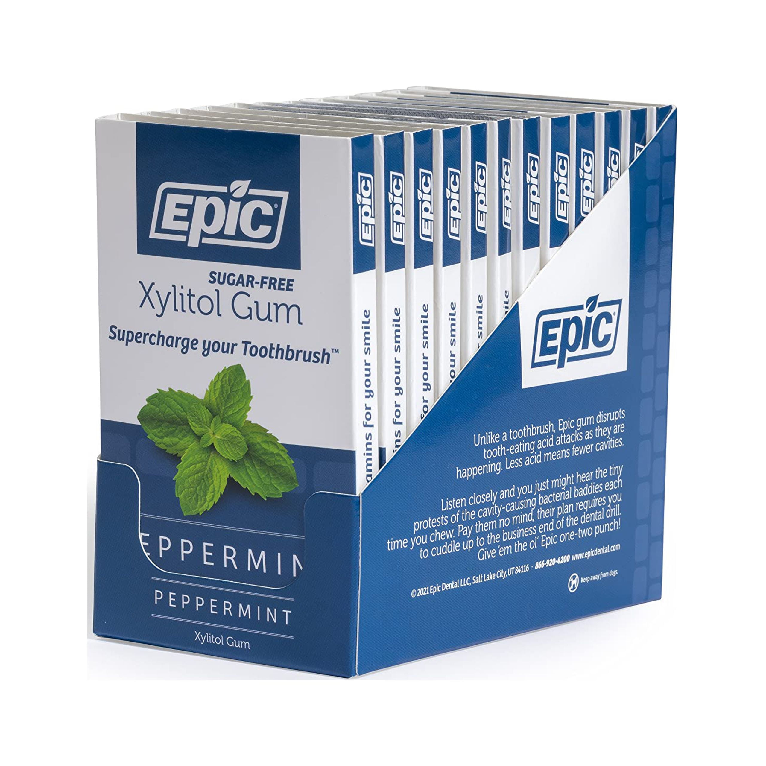 Epic Xylitol Chewing Gum - Sugar Free & Aspartame Free Chewing Gum Sweetened w/ Xylitol for Dry Mouth & Gum Health (Peppermint, 12-Piece Pack, 12 Packs)