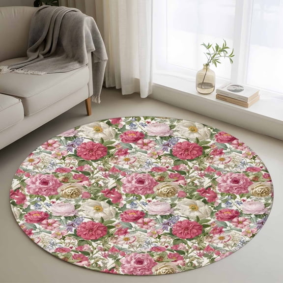 Round Rugs 3.3 Ft, Pink Spring Floral Non Slip Area Rugs for Kitchen Bedroom Entryway, Vintage Summer Botanical Washable Carpet Runner Rug Floor Mats for Bedroom Home Decor