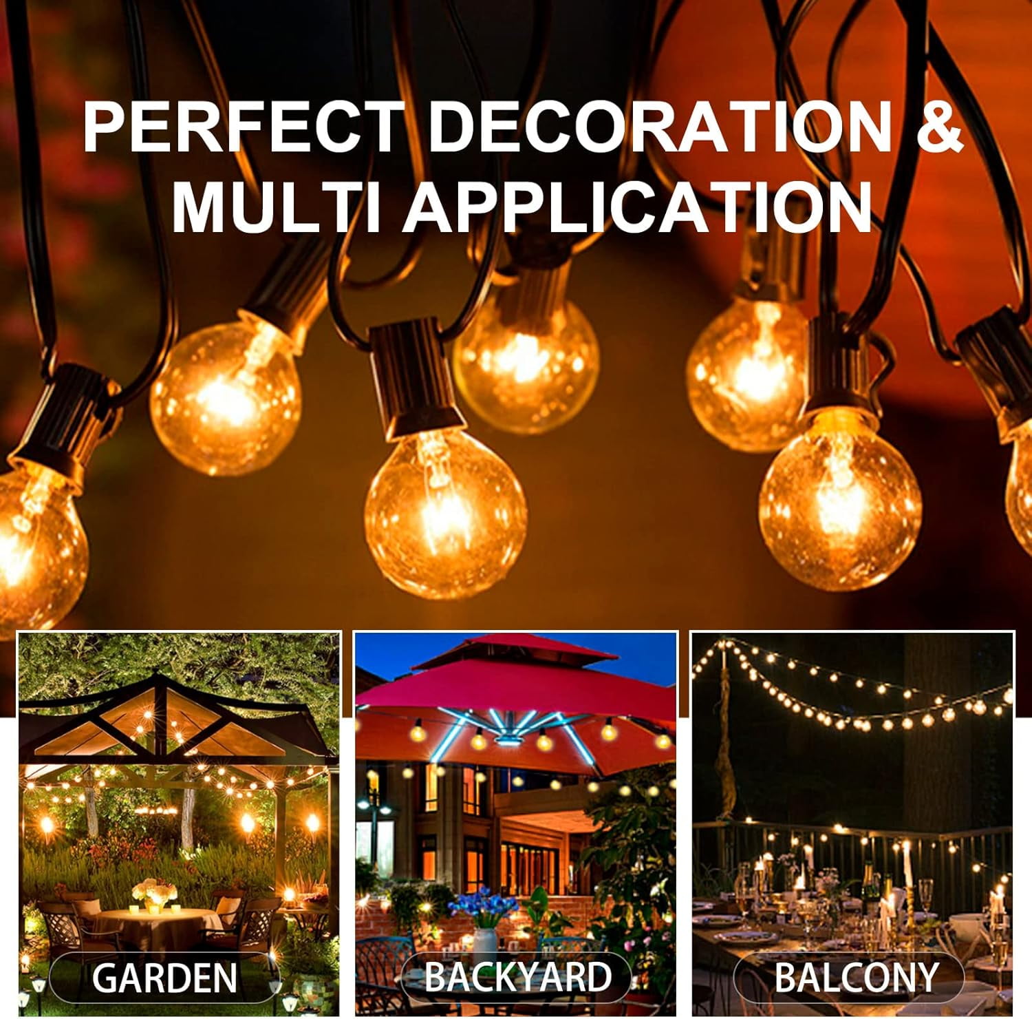 100FT Outdoor String Lights, with 50 G40 Edison Vintage Bulbs, Waterproof for Patio Garden Gazebo Bistro Cafe Backyard