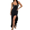 thumbnail image 3 of Gupgi Women Ruffle Cami Long Dress Summer Solid Color Spaghetti Strap Low Cut  Split Bodycon Dress, 3 of 9