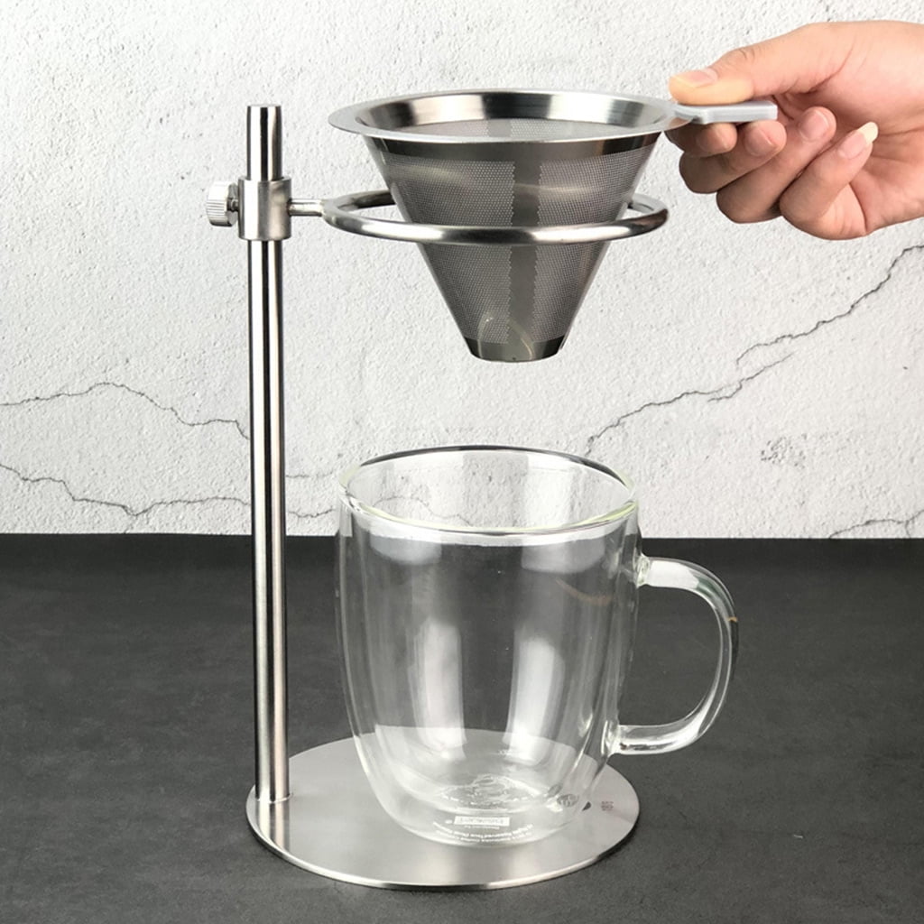 Adjustable Stainless Steel Pour Over Coffee Maker Station Stand with Reusable Double Filter Freestanding Drip Cone Brewer Directly into Mug Cup