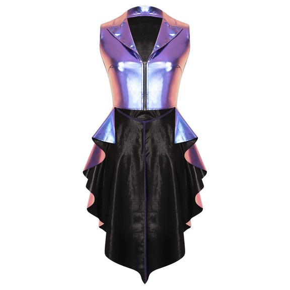 iiniim Women Shiny Metallic Zipper Front Open Front Tops Vest Party Blue L