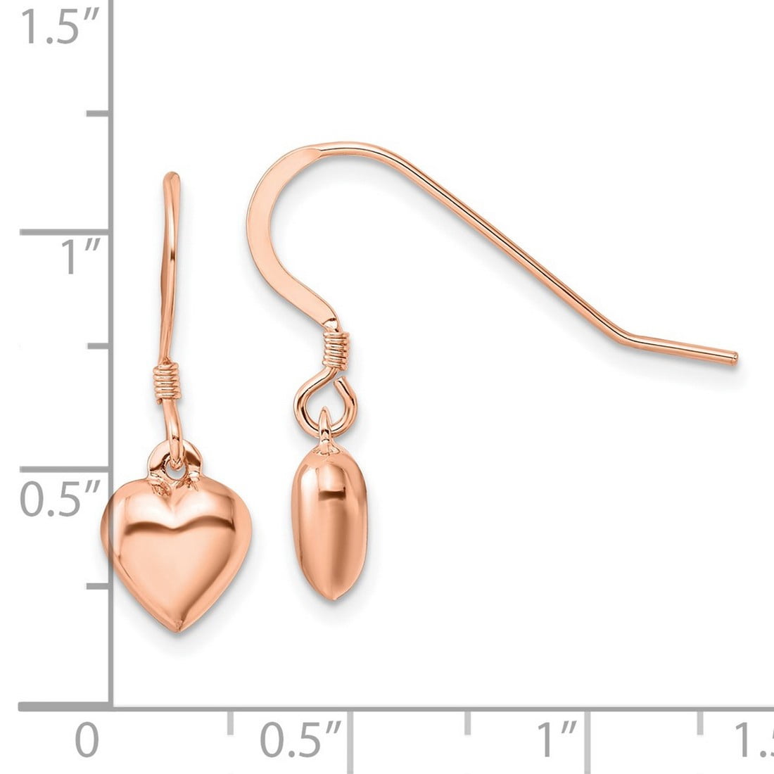 925 Sterling Silver Rose-tone Puffed Love Heart Dangle Shepherd Hook Earrings 25x8.2mm Wide Dangle Earring for Women