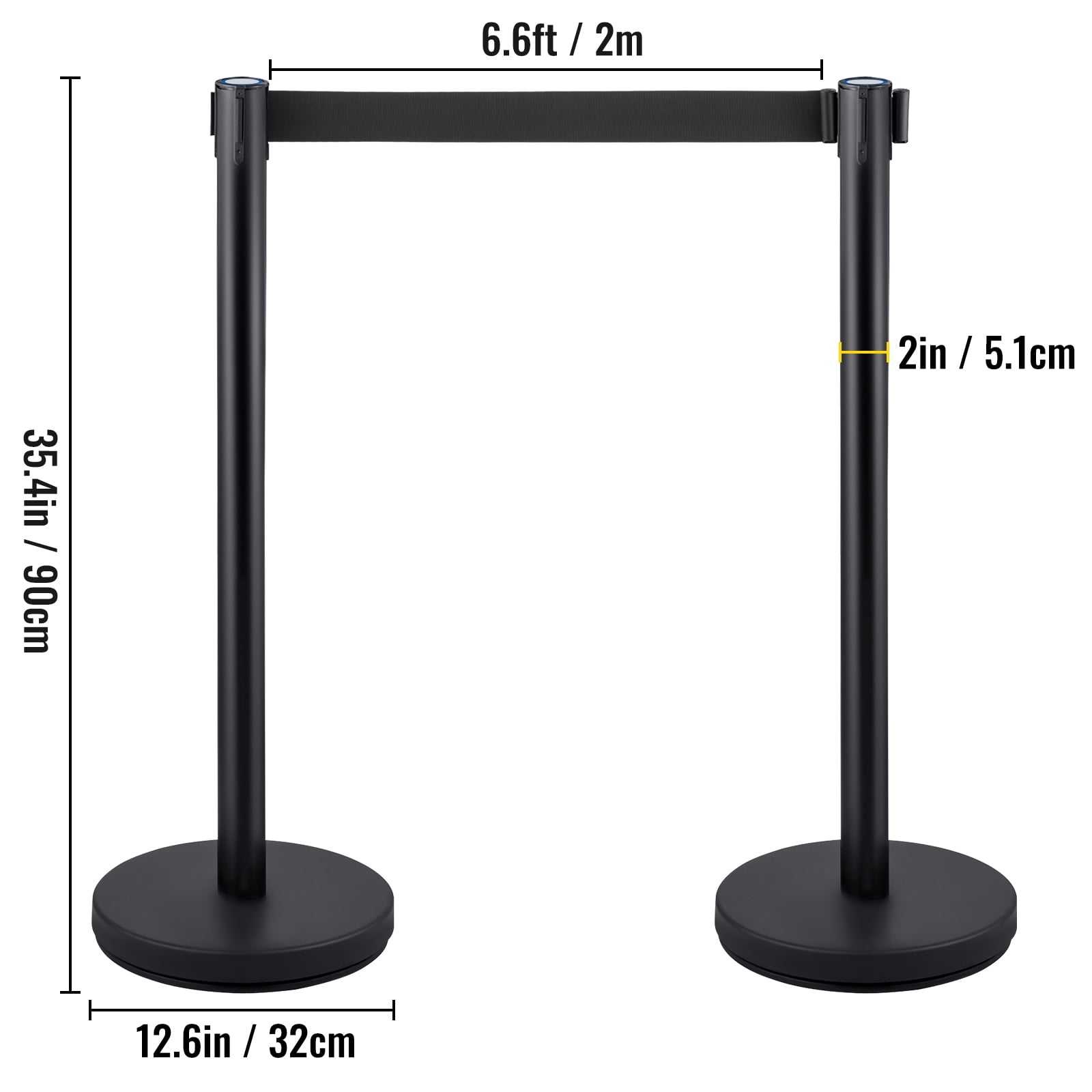 KFFKFF Queue Management Posts, 4 Units in a Set, Complete with 6.6 ft/2 m Retractable Black Belt, Black Public Management Barrier with Concrete and Metal Foundation - Simple Connection Setup