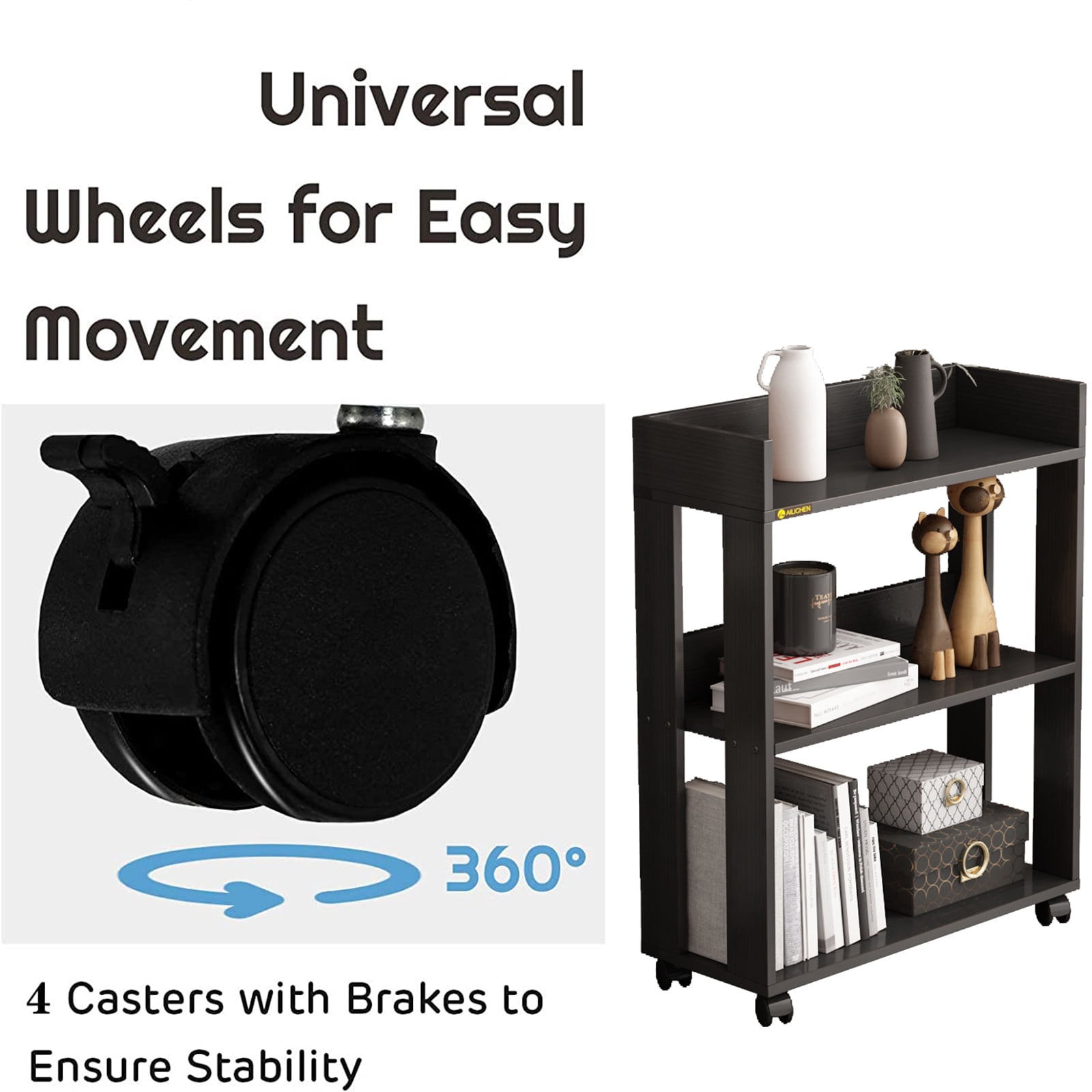 ALISENED 3 Tier Bookshelf and Bookcase with Wheels, Wood Small Nightstand, End Table Storage Rack