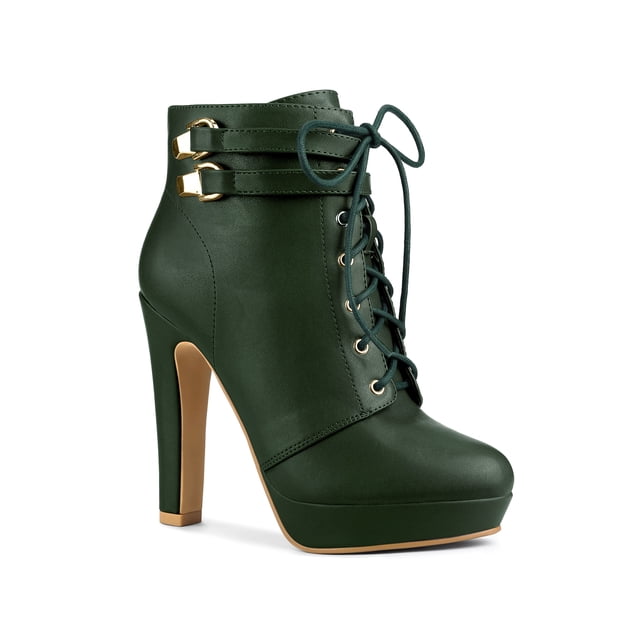 Unique Bargains Bottines à Talons Blocs à Plateforme à Lacets pour Femme Vert Foncé (Taille 9)