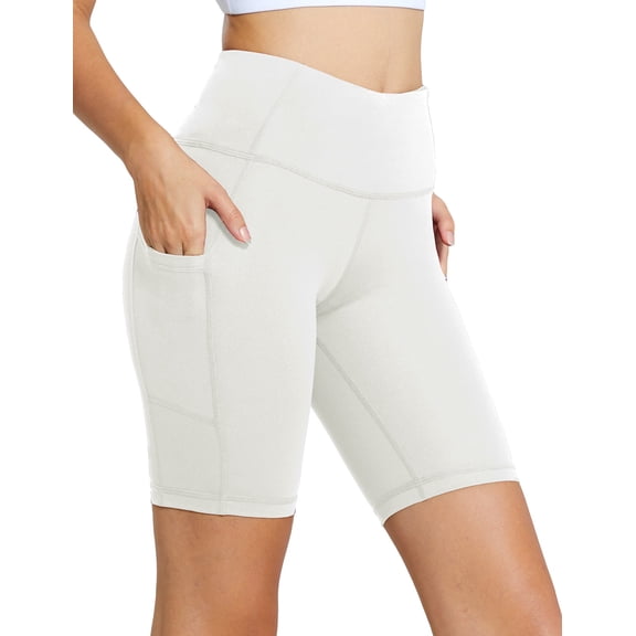 BALEAF Biker Shorts Women Yoga Gym Workout Spandex Athletic Running Volleyball Tummy Control Compression with Pockets 8" White S