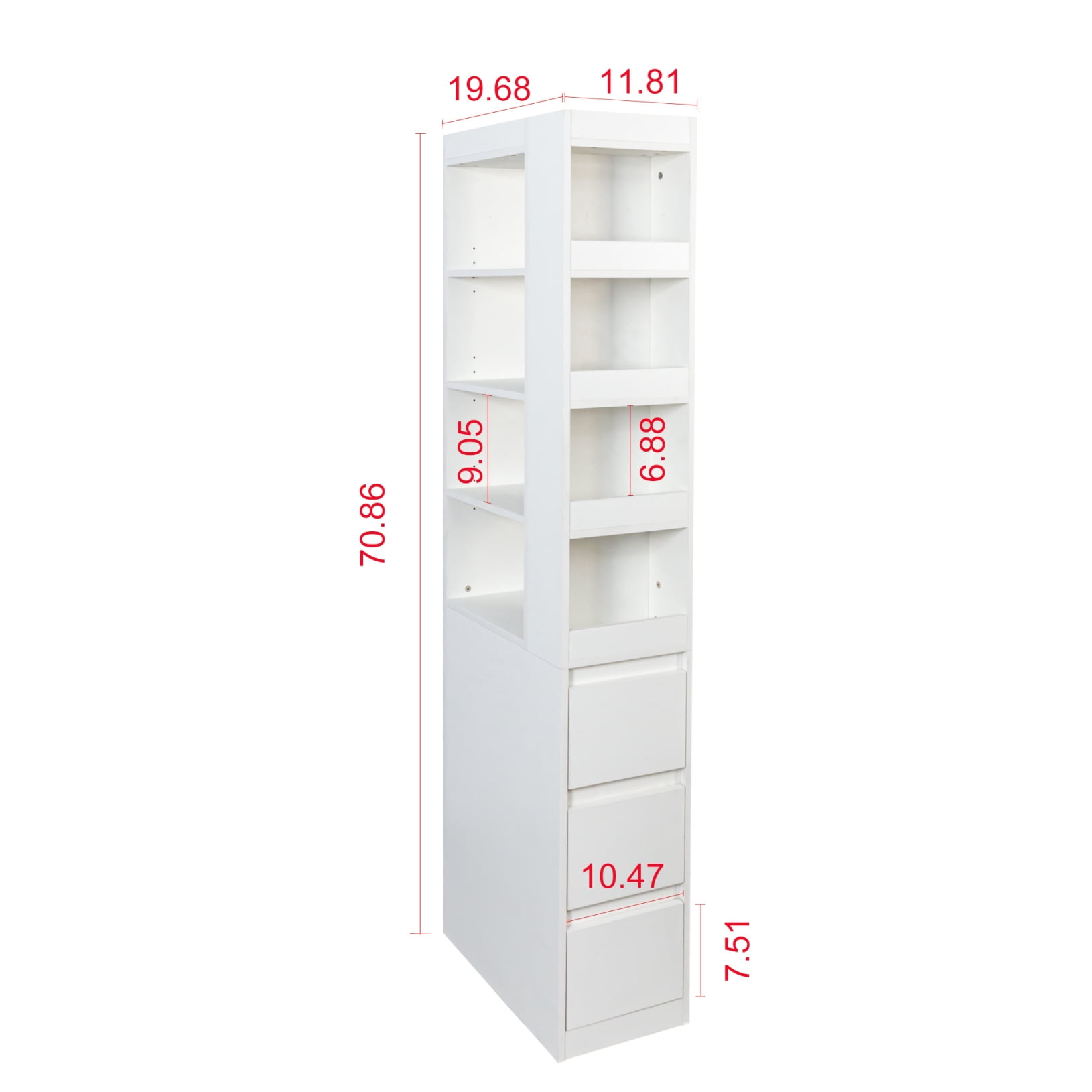 70.87" H Wooden Bookshelf with 3 Drawer, 4 Tier Narrow Display  Storage Cabinet, Corner Book Case for Bedroom Living Room Office, White